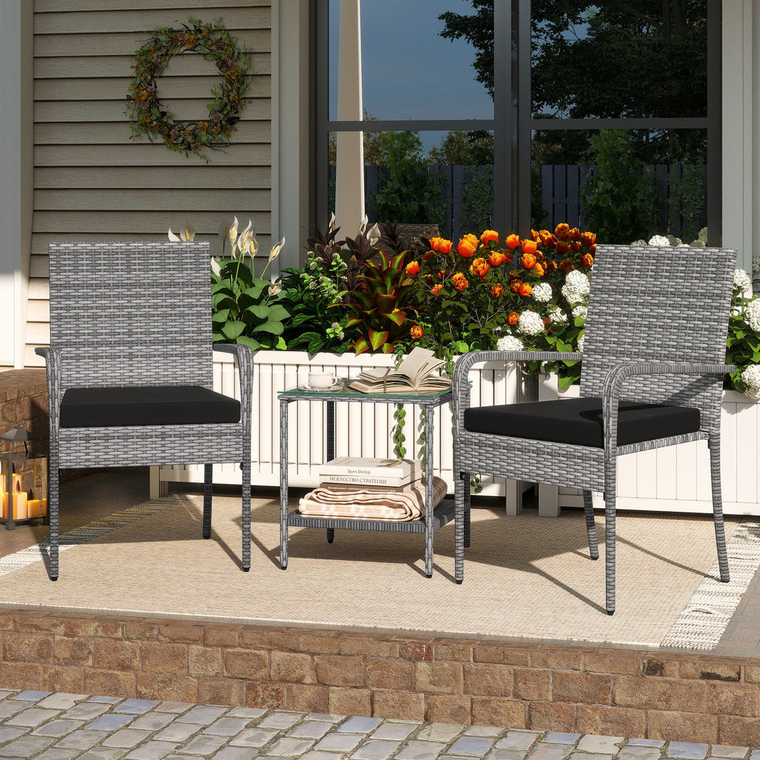 3 Piece Patio Furniture Set with Seat Cushions and Tempered Glass Tabletop for Balcony