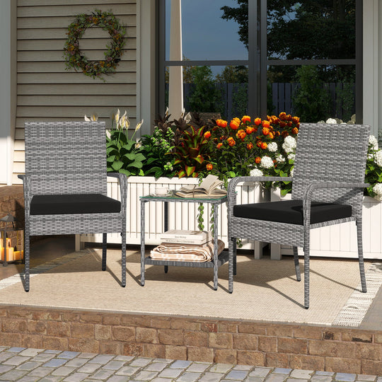 3 Piece Patio Furniture Set with Seat Cushions and Tempered Glass Tabletop for Balcony