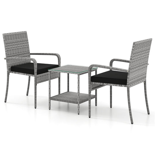 3 Piece Patio Furniture Set with Seat Cushions and Tempered Glass Tabletop for Balcony