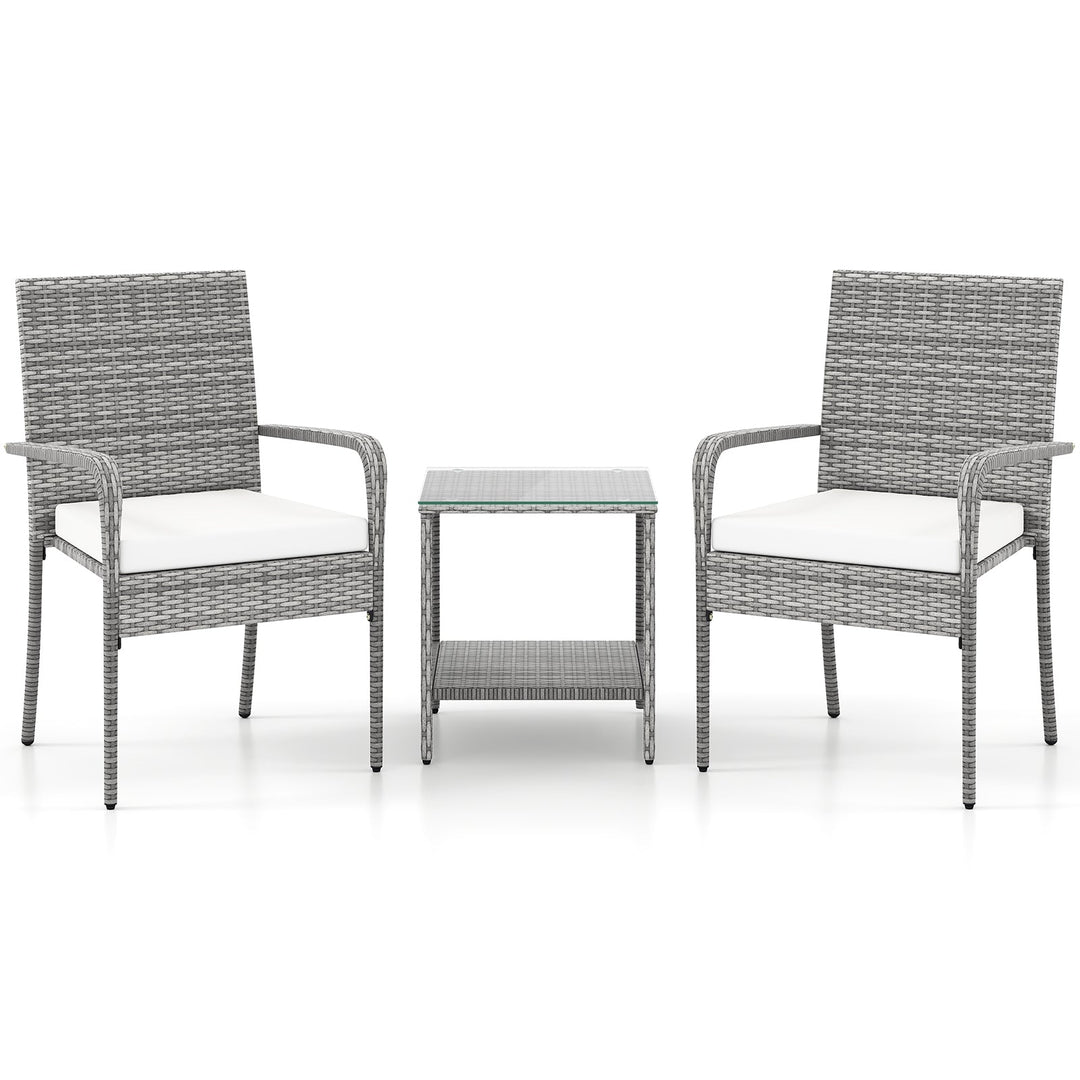 3 Piece Patio Furniture Set with Seat Cushions and Tempered Glass Tabletop for Balcony