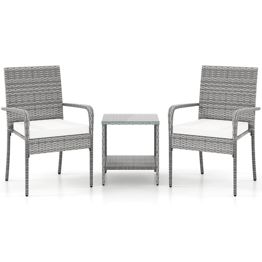 3 Piece Patio Furniture Set with Seat Cushions and Tempered Glass Tabletop for Balcony