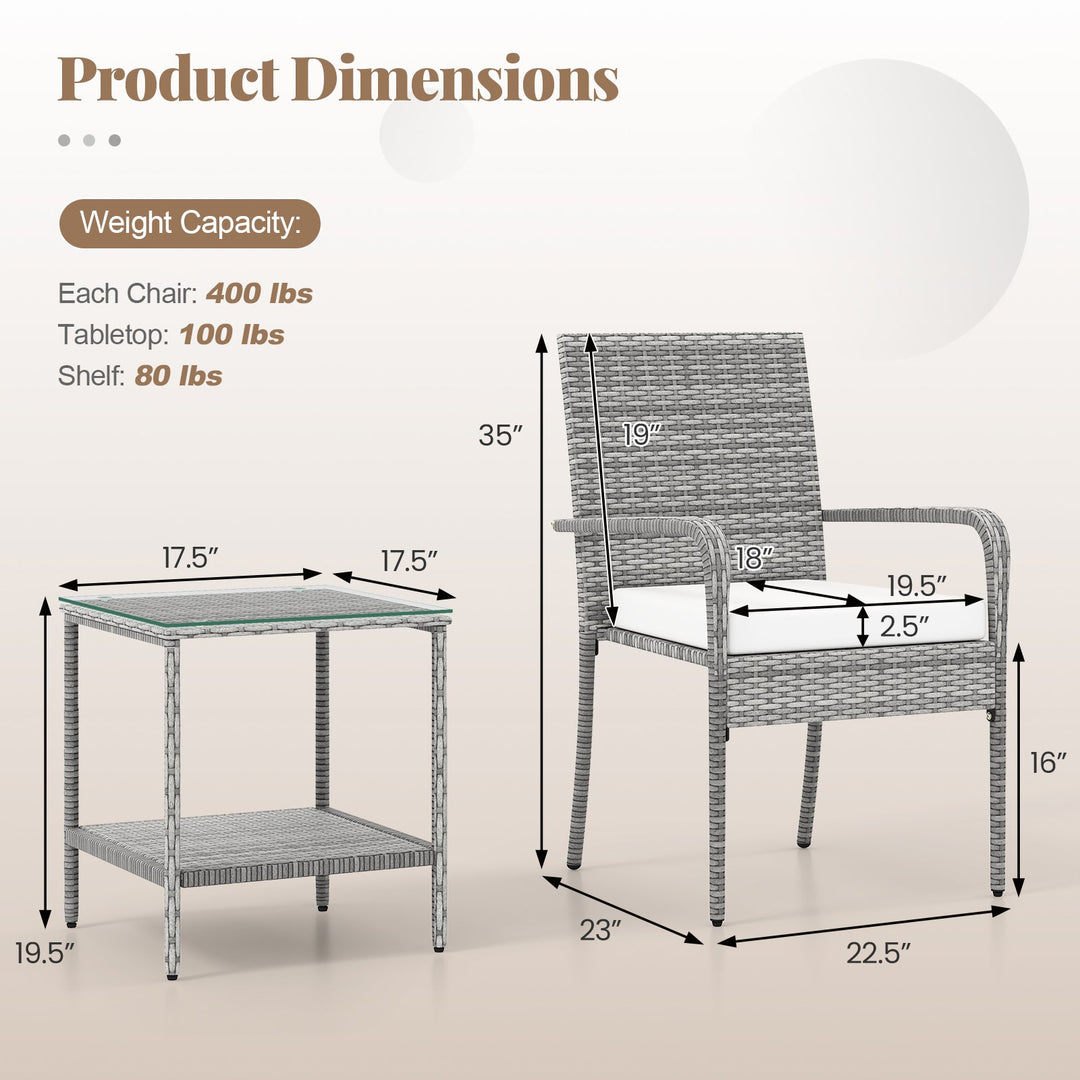 3 Piece Patio Furniture Set with Seat Cushions and Tempered Glass Tabletop for Balcony