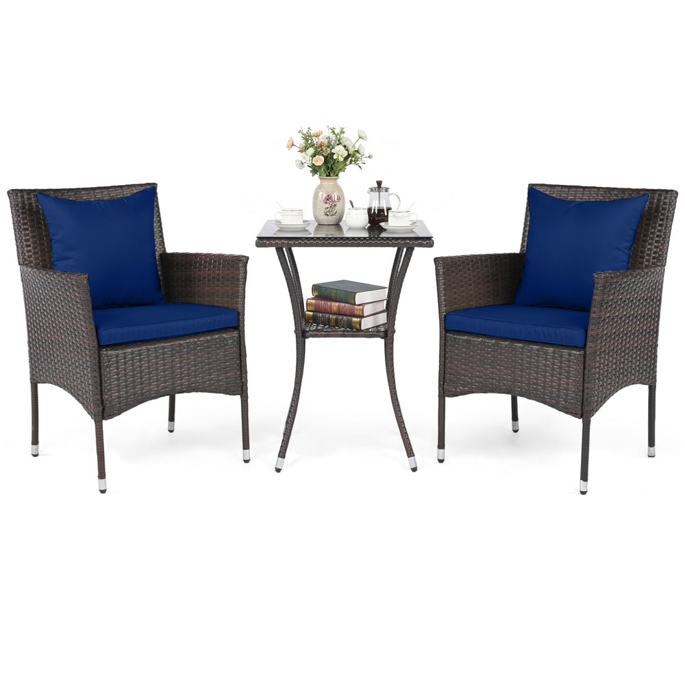 3 Pieces Patio Furniture Set with Cushioned Patio Chairs and Tempered Glass Coffee Table-Brown