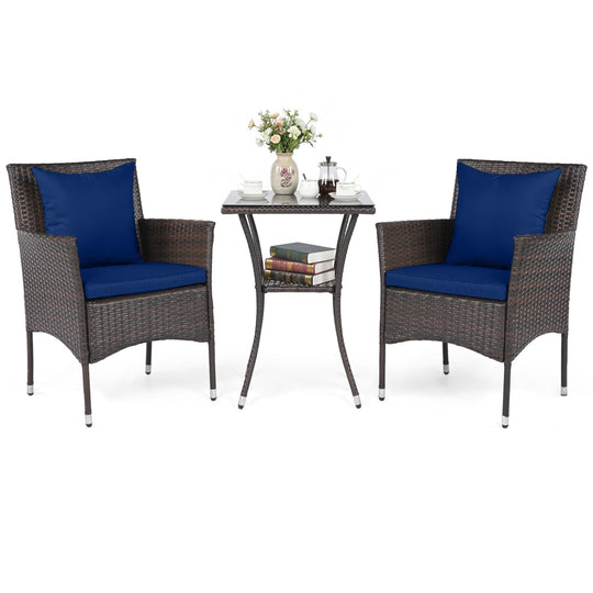 3 Pieces Patio Furniture Set with Cushioned Patio Chairs and Tempered Glass Coffee Table-Brown