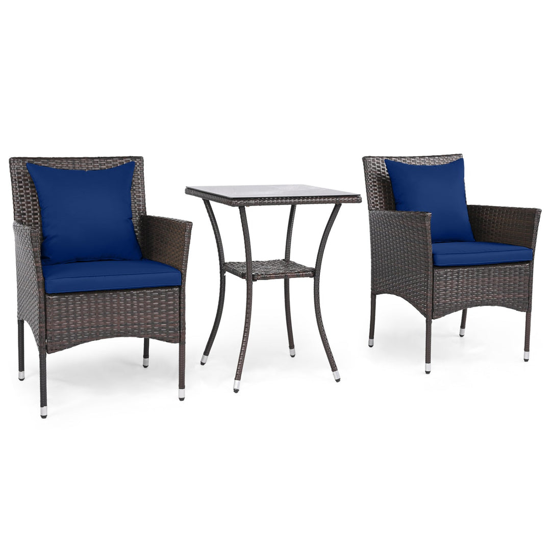 3 Pieces Patio Furniture Set with Cushioned Patio Chairs and Tempered Glass Coffee Table-Brown