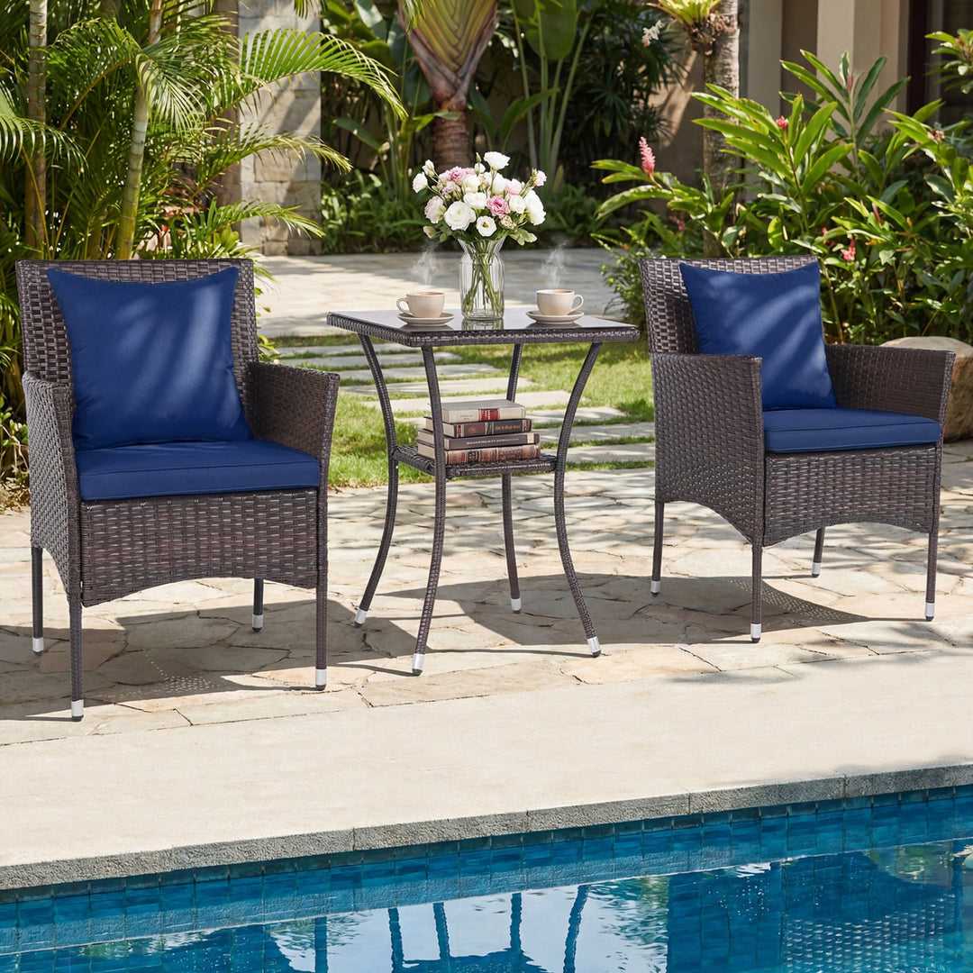 3 Pieces Patio Furniture Set with Cushioned Patio Chairs and Tempered Glass Coffee Table-Brown