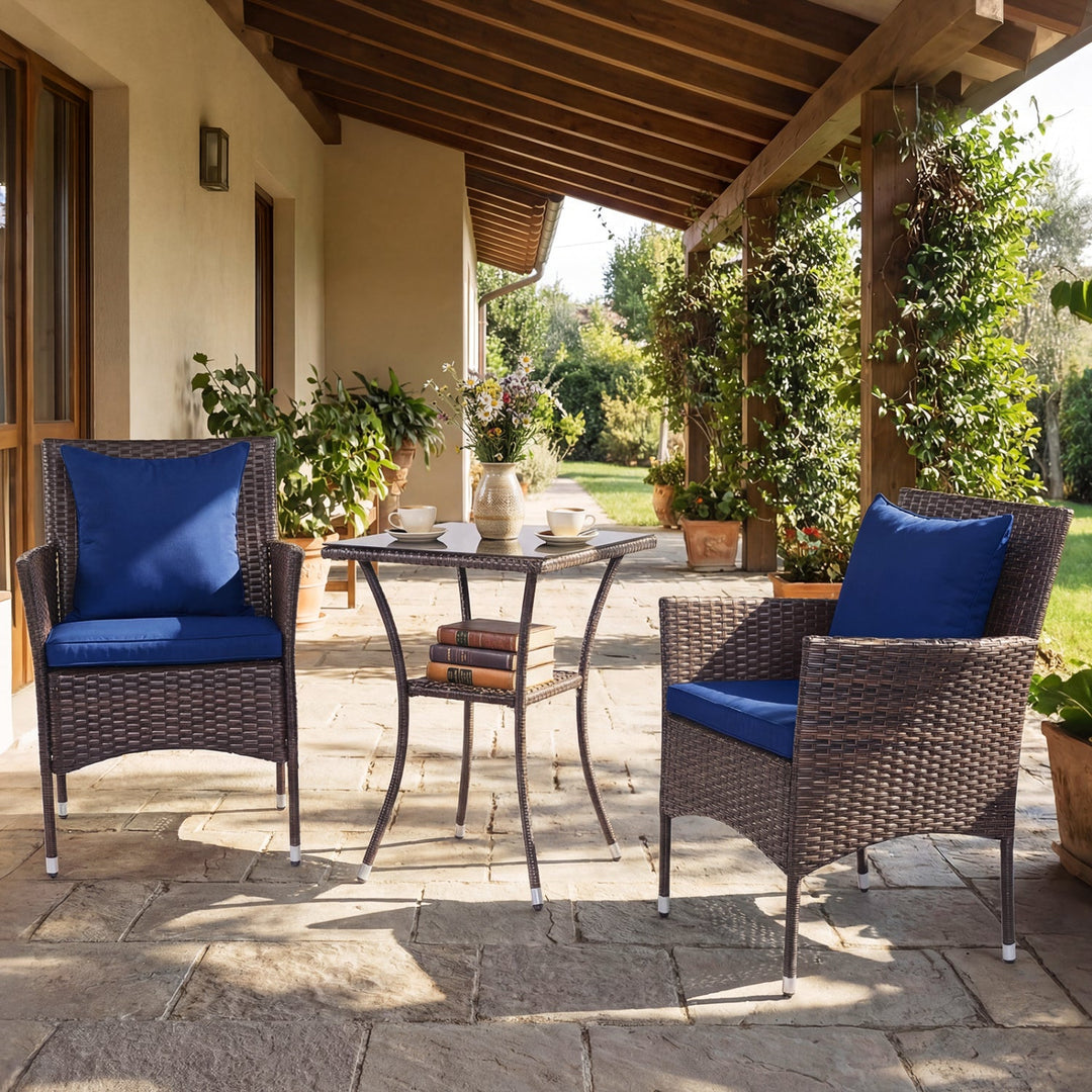 3 Pieces Patio Furniture Set with Cushioned Patio Chairs and Tempered Glass Coffee Table-Brown