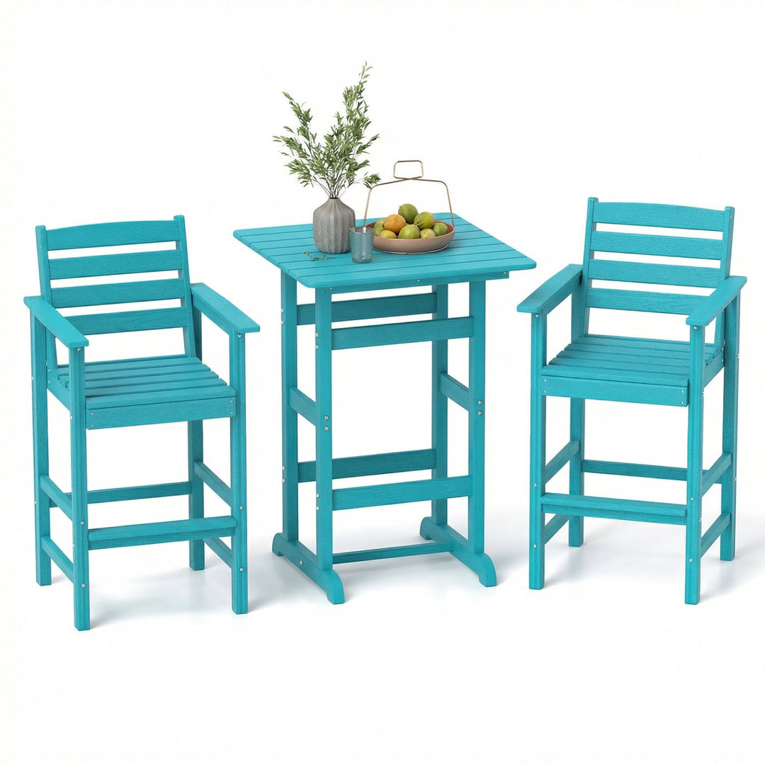 3-Piece Patio HDPE Bar Set with Square High-Top Table for Backyard and Poolside