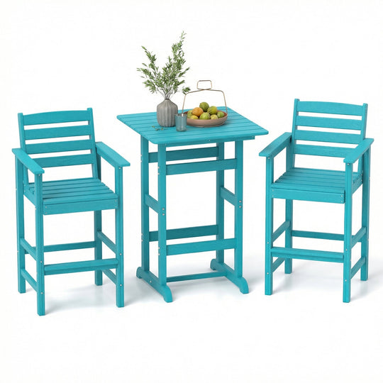 3-Piece Patio HDPE Bar Set with Square High-Top Table for Backyard and Poolside