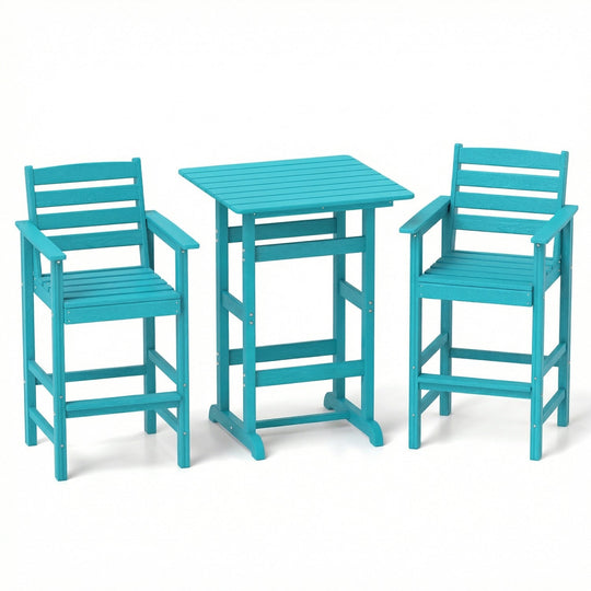 3-Piece Patio HDPE Bar Set with Square High-Top Table for Backyard and Poolside