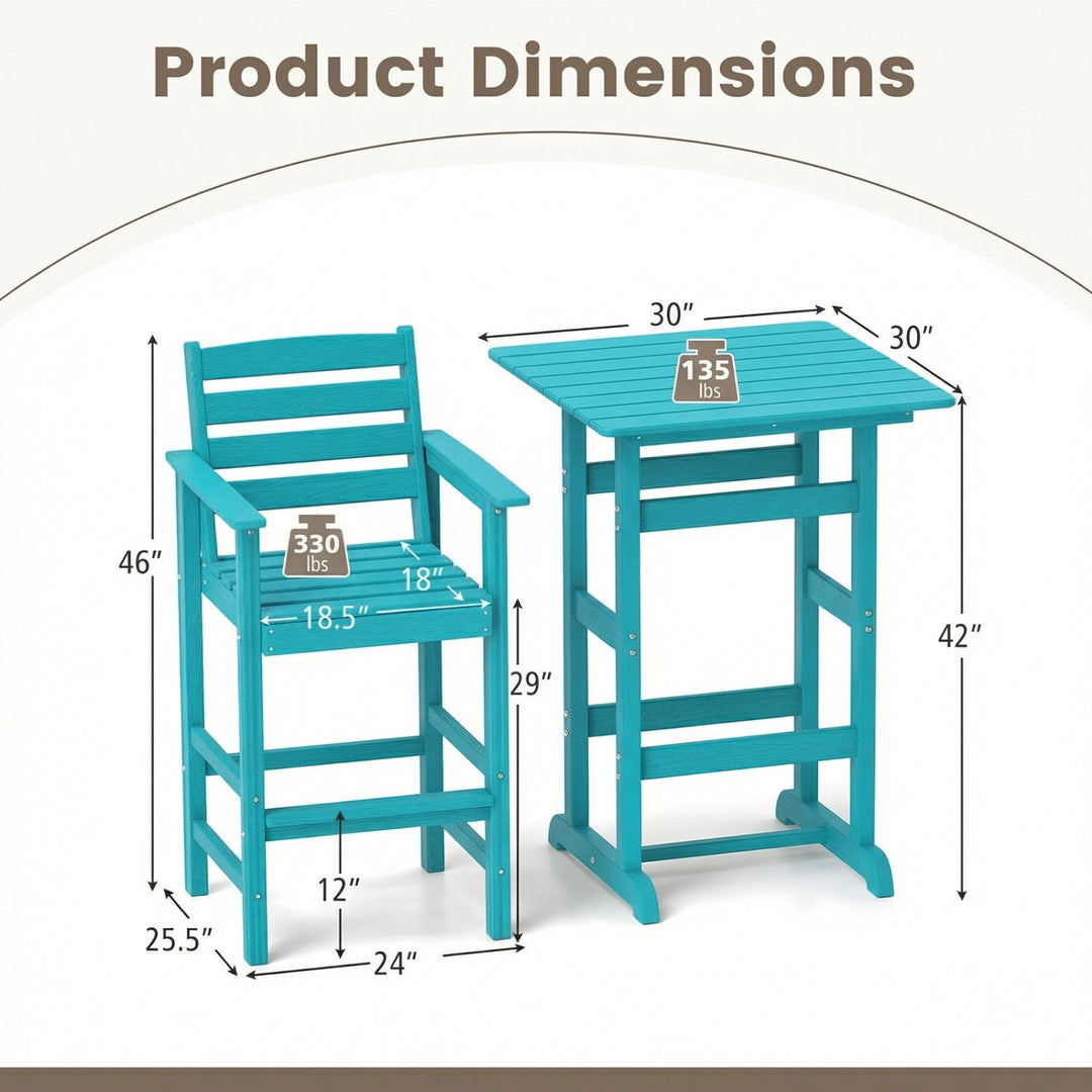 3-Piece Patio HDPE Bar Set with Square High-Top Table for Backyard and Poolside