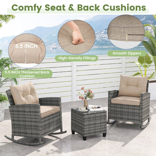 3-Piece Patio Rocking Chair Set with Glass Table