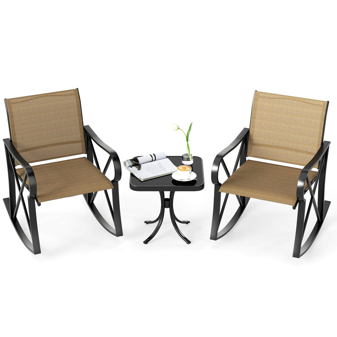 3 Piece Patio Rocking Set with Smooth Rocking Motion Outdoor Rocker Chair Bistro Set