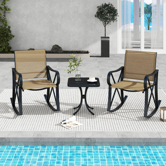 3 Piece Patio Rocking Set with Smooth Rocking Motion Outdoor Rocker Chair Bistro Set