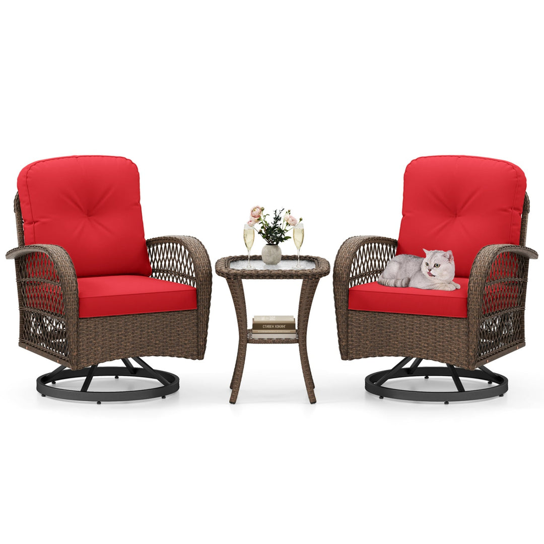 3 Piece Patio Swivel Rocker Set with Tempered Glass Side Table and Thick Cushions