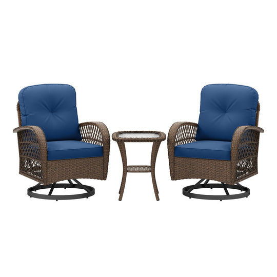 3 Piece Patio Swivel Rocker Set with Tempered Glass Side Table and Thick Cushions