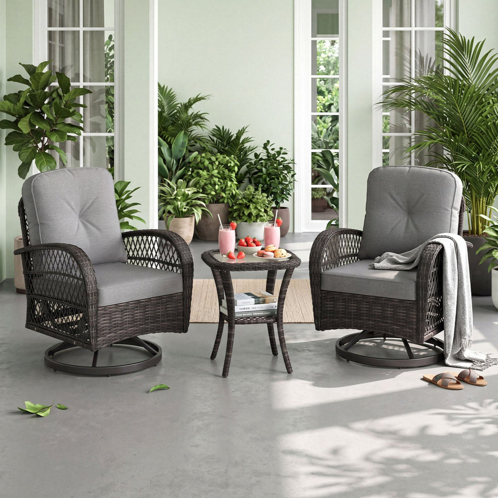 3-Piece Patio Swivel Rocker Set with Glass Side Table