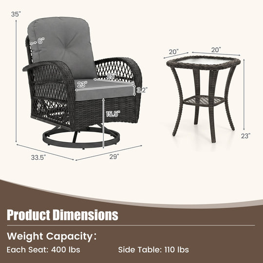 3-Piece Patio Swivel Rocker Set with Glass Side Table
