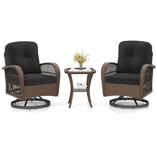 3 Piece Patio Swivel Rocker Set with Tempered Glass Side Table and Thick Cushions