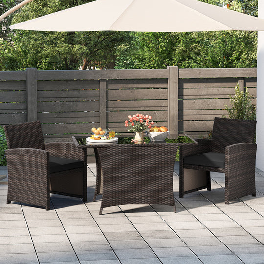3 Piece Patio Wicker Dining Set with Rectangle Tempered Glass Dining Table-Brown