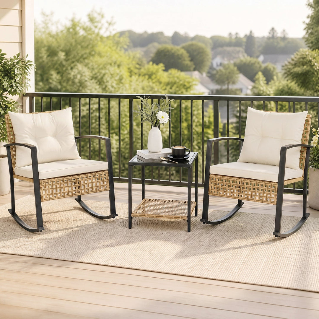 3-Piece Rattan Patio Conversation Set with Rocking Chairs