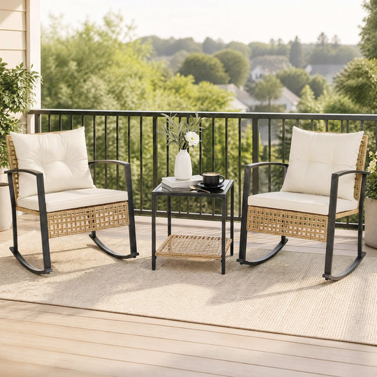 3-Piece Rattan Patio Conversation Set with Rocking Chairs