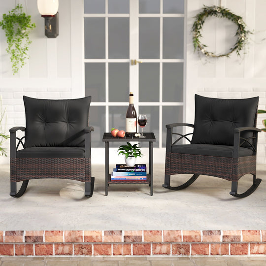 3 Piece Rocking Bistro Set PE Rattan Rocker Chairs with Acacia Wood Top Table