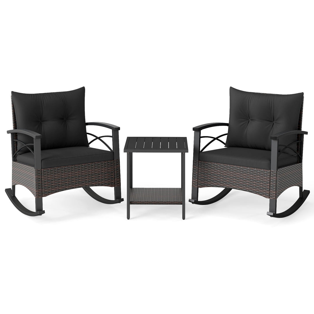 3 Piece Rocking Bistro Set PE Rattan Rocker Chairs with Acacia Wood Top Table