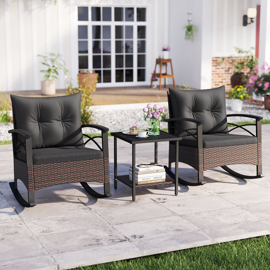 3 Piece Rocking Bistro Set PE Rattan Rocker Chairs with Acacia Wood Top Table
