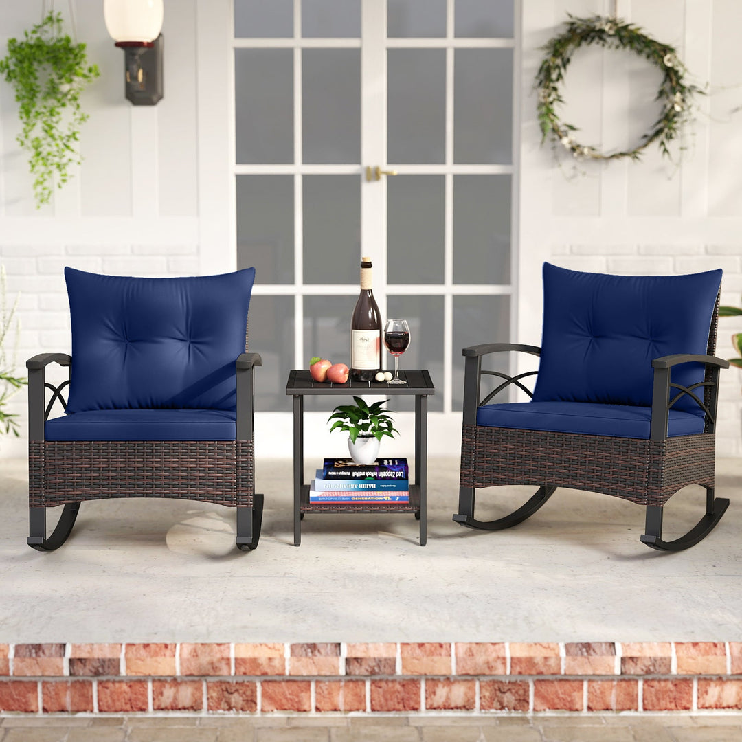 3 Piece Rocking Bistro Set PE Rattan Rocker Chairs with Acacia Wood Top Table