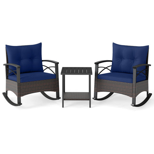 3 Piece Rocking Bistro Set PE Rattan Rocker Chairs with Acacia Wood Top Table