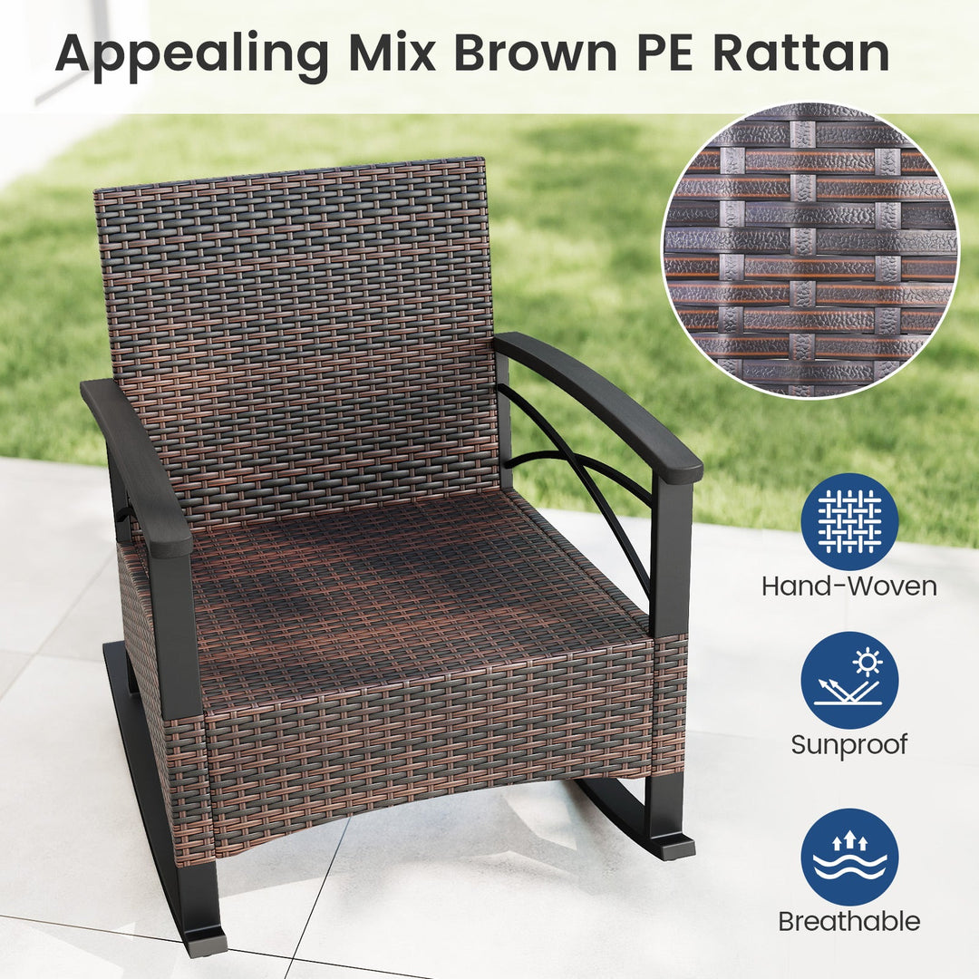 3 Piece Rocking Bistro Set PE Rattan Rocker Chairs with Acacia Wood Top Table