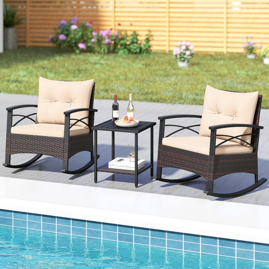 3 Piece Rocking Bistro Set PE Rattan Rocker Chairs with Acacia Wood Top Table