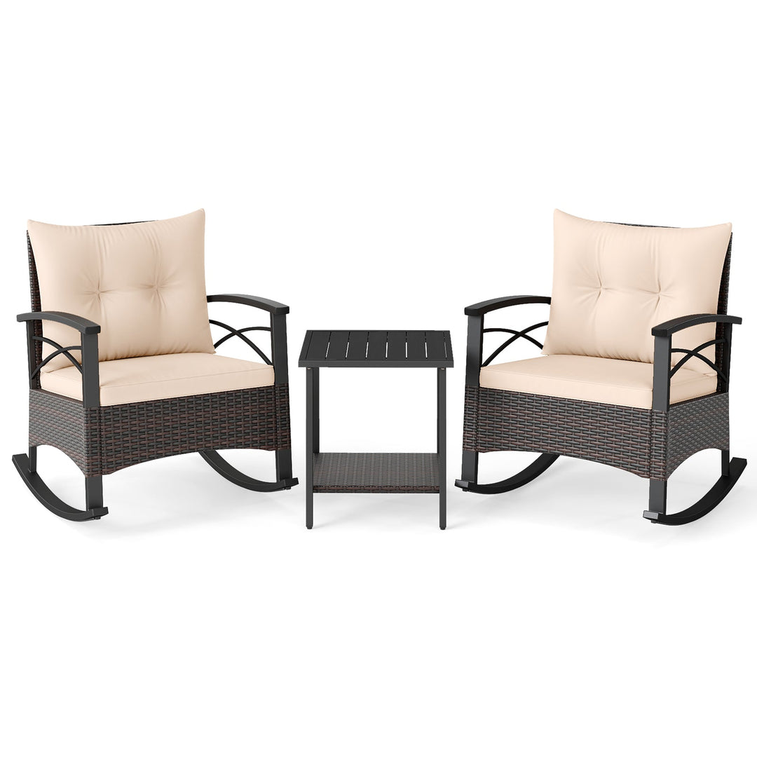 3 Piece Rocking Bistro Set PE Rattan Rocker Chairs with Acacia Wood Top Table
