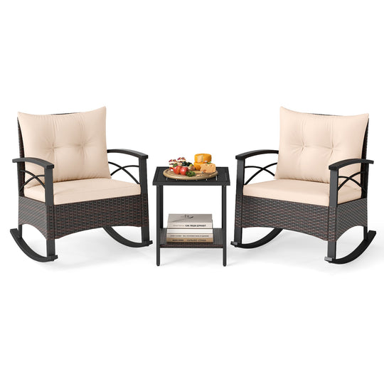 3 Piece Rocking Bistro Set PE Rattan Rocker Chairs with Acacia Wood Top Table