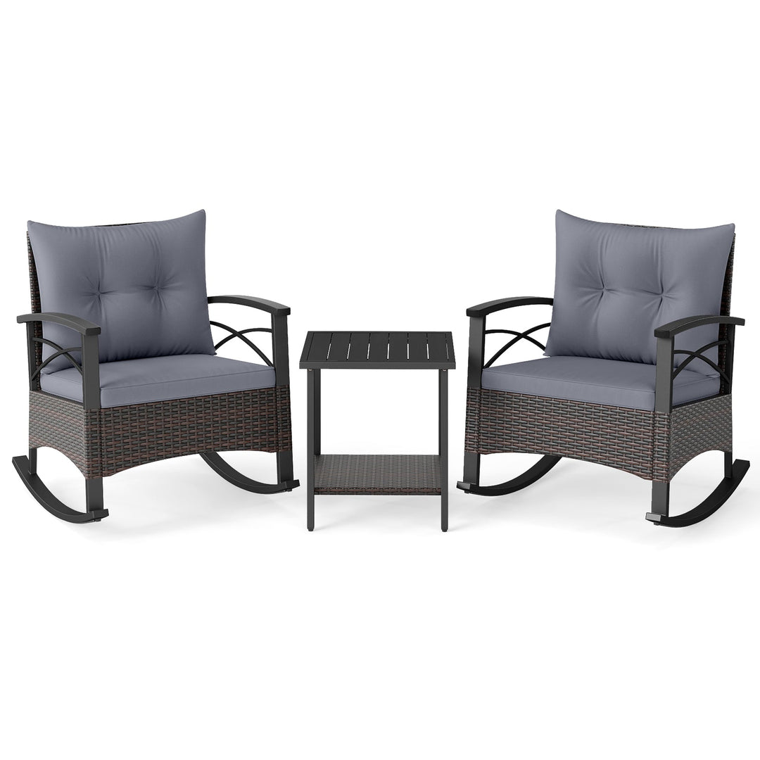 3 Piece Rocking Bistro Set PE Rattan Rocker Chairs with Acacia Wood Top Table