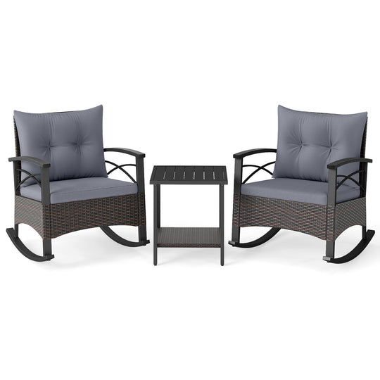 3 Piece Rocking Bistro Set PE Rattan Rocker Chairs with Acacia Wood Top Table