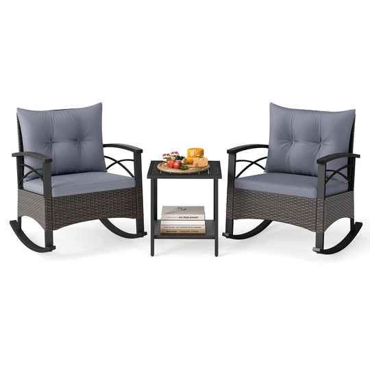 3 Piece Rocking Bistro Set PE Rattan Rocker Chairs with Acacia Wood Top Table