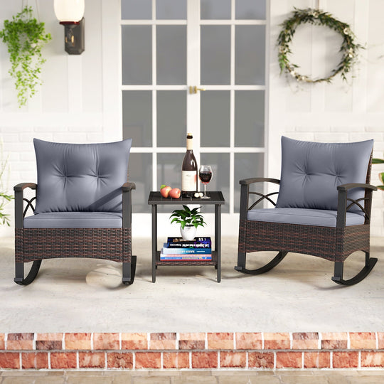 3 Piece Rocking Bistro Set PE Rattan Rocker Chairs with Acacia Wood Top Table
