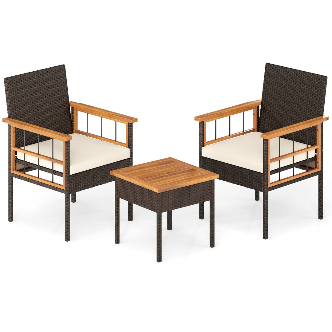 3 Piece Wicker Furniture Set with Acacia Wood Tabletop and Armrest for Balcony-White