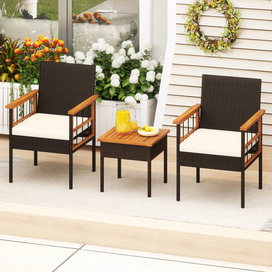 3 Piece Wicker Furniture Set with Acacia Wood Tabletop and Armrest for Balcony-White