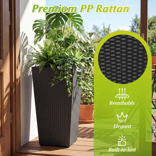 3-Piece Wicker Planters Tapered PP Rattan Plant Boxes with Plastic Flower Pots-Black