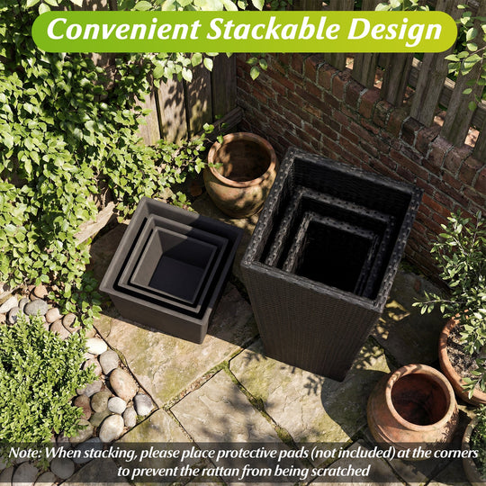 3-Piece Wicker Planters Tapered PP Rattan Plant Boxes with Plastic Flower Pots-Black