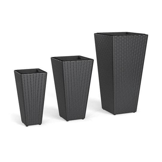 3-Piece Wicker Planters Tapered PP Rattan Plant Boxes with Plastic Flower Pots-Black