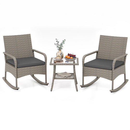 3-Piece Wicker Rocking Bistro Set with Cushions - Gray
