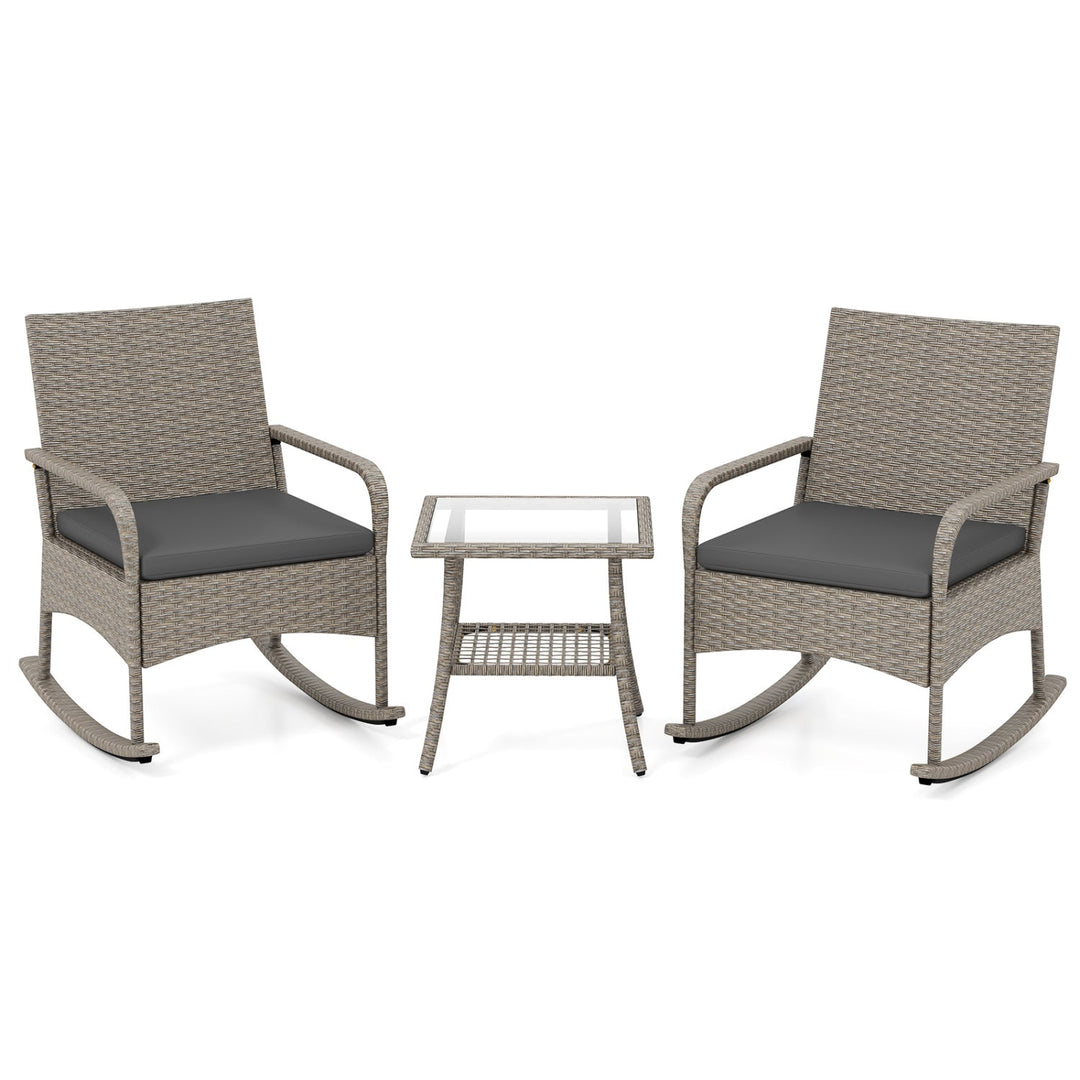 3-Piece Wicker Rocking Bistro Set with Cushions - Gray