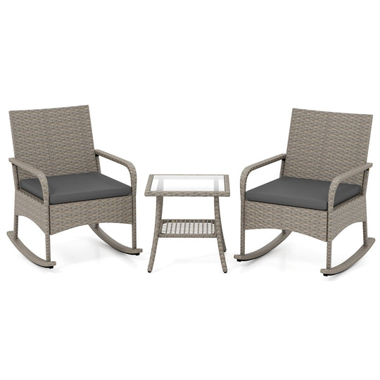 3-Piece Wicker Rocking Bistro Set with Cushions - Gray