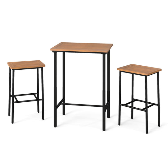 3 Pieces Acacia Wood Patio Bar Set Rectangular Table with Metal Frame
