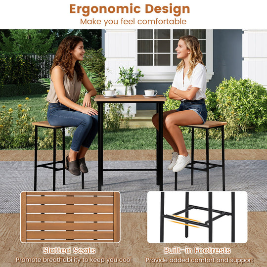 3 Pieces Acacia Wood Patio Bar Set Rectangular Table with Metal Frame