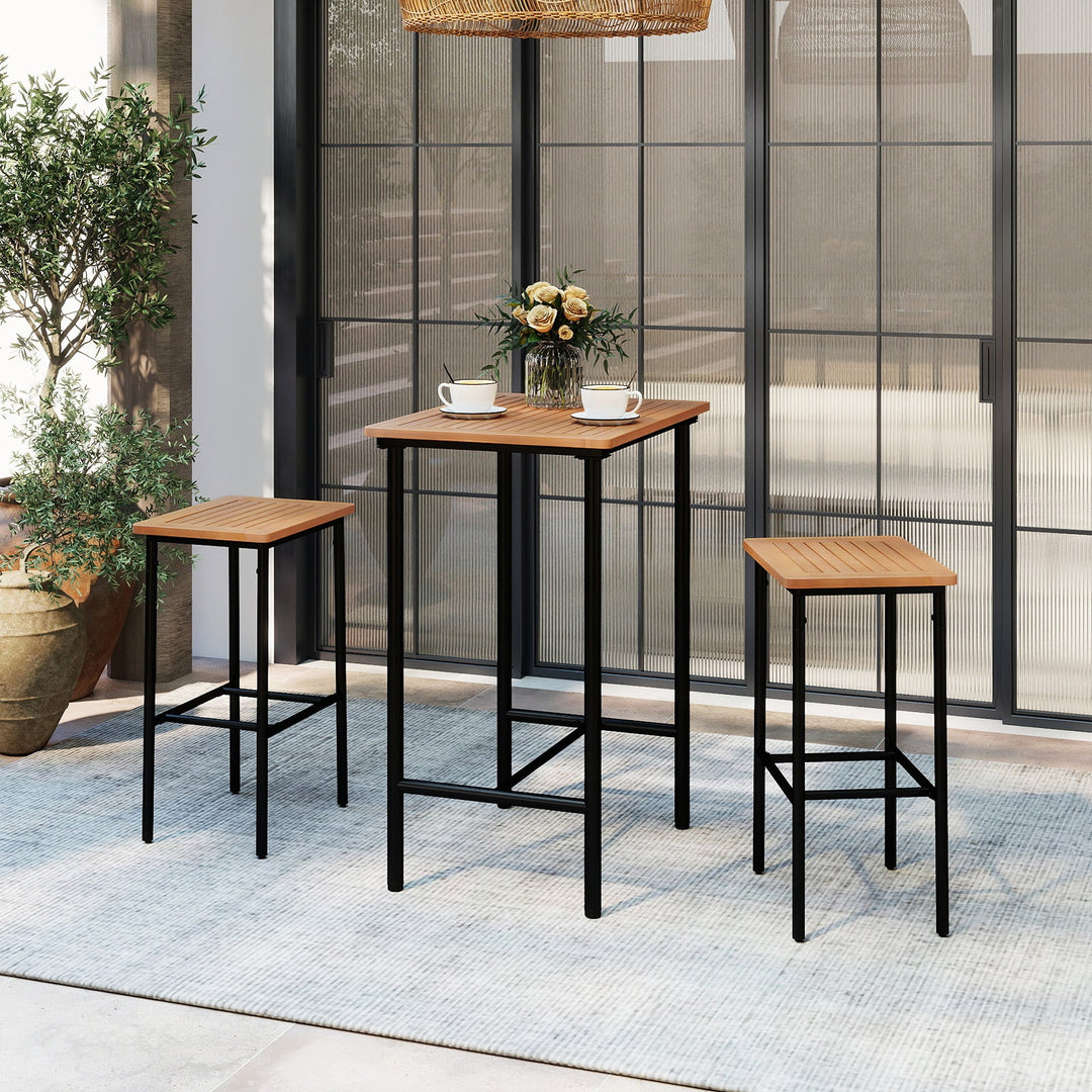 3 Pieces Acacia Wood Patio Bar Set Rectangular Table with Metal Frame